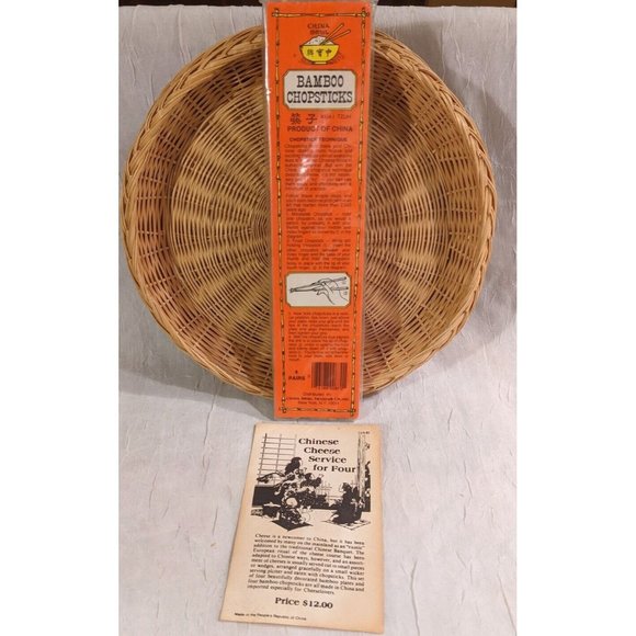 Vtg Chinese Cheese Bamboo Wicker Plates Chopsticks Service for 4 Platter Boho - Picture 7 of 15